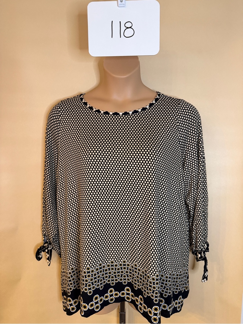 Max Studio Black and Cream Geometric Tie-Sleeve Tunic